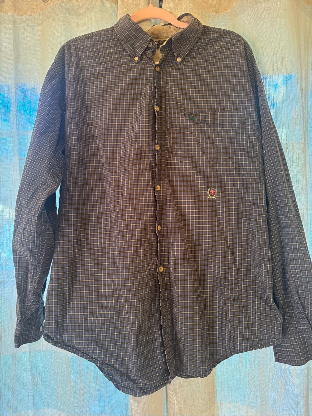 Tommy Hilfiger Navy and Yellow Plaid Button-Down Shirt